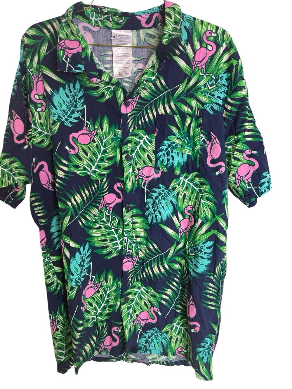 I M L SIZE LARGE BLUE AND GREEN TROPICAL BUTTON UP SHIRT WITH FLAMINGO